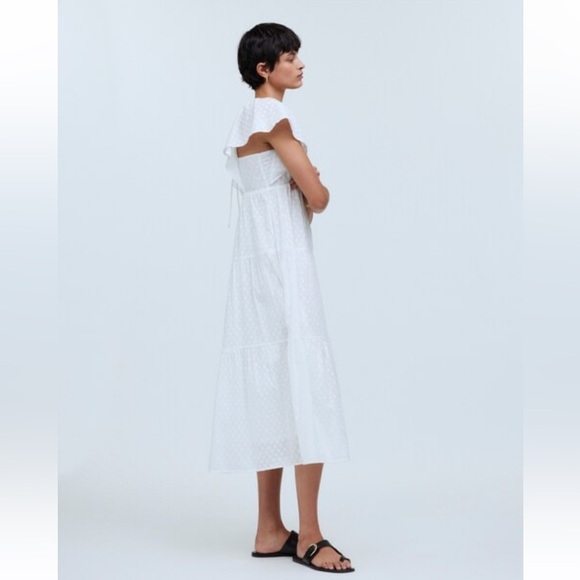 Madewell Tie Back Flutter Sleeve Tiered Midi Dress White Cottagecore 00 NEW - Picture 2 of 12